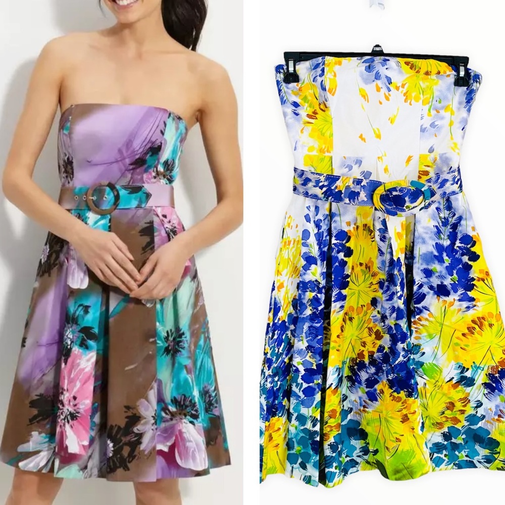 Muse Blue & Yellow Floral Strapless Belted Dress Size 4
